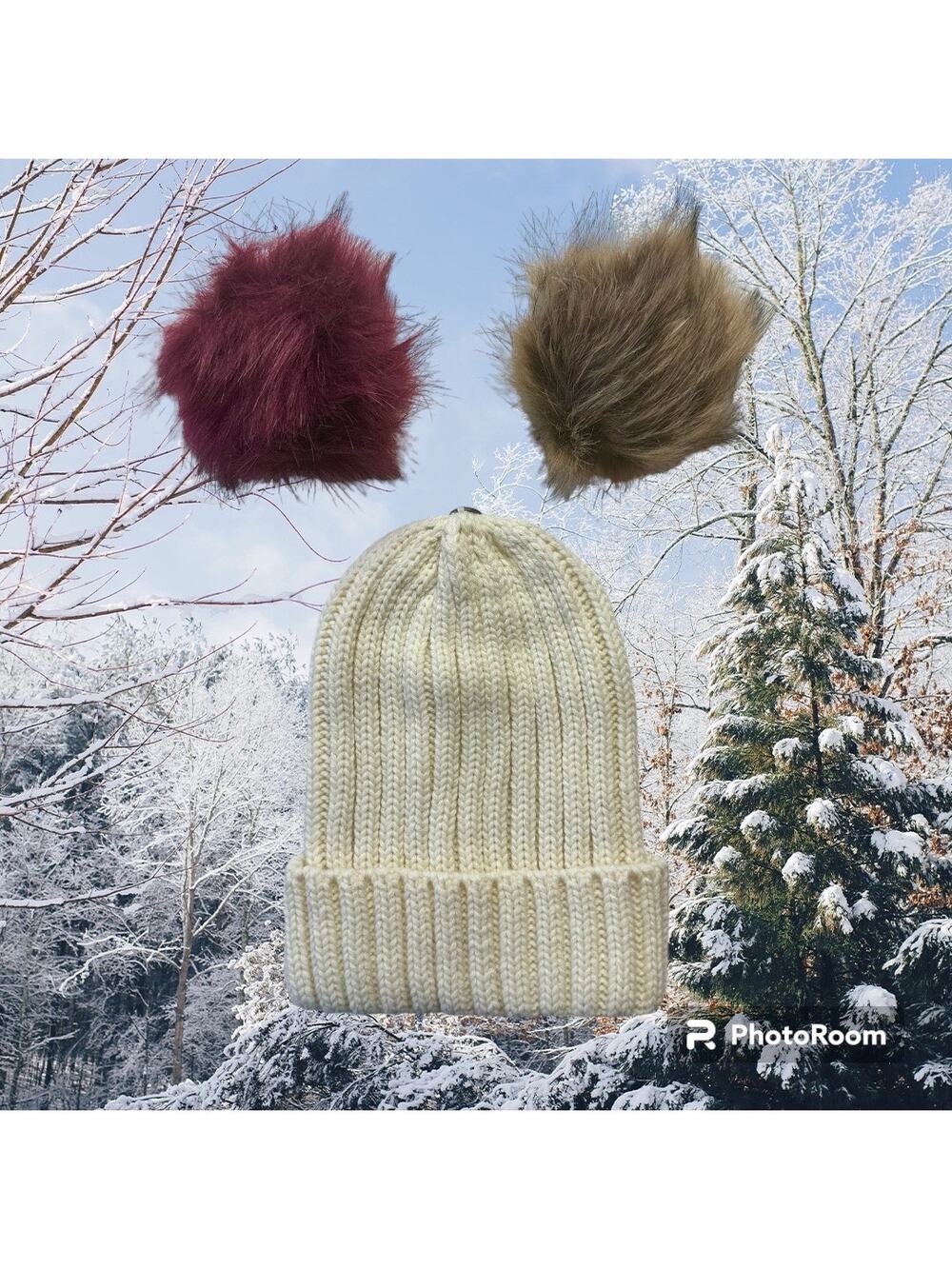 Curations Women's One Size Chunky Knit Beanie Interchangeable 2 Faux Fur Poms